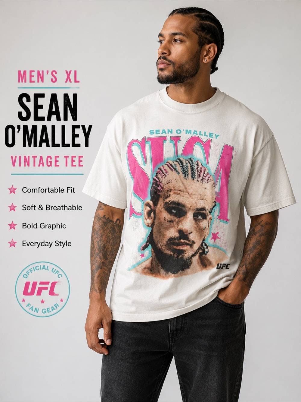 UFC Sean O’Malley White Short Sleeve Tee with Pink & Teal Graphic XL